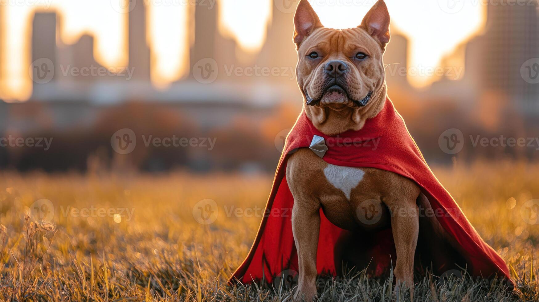 Strong dog wearing red cape standing on grass field with city skyline in warm sunset light photo