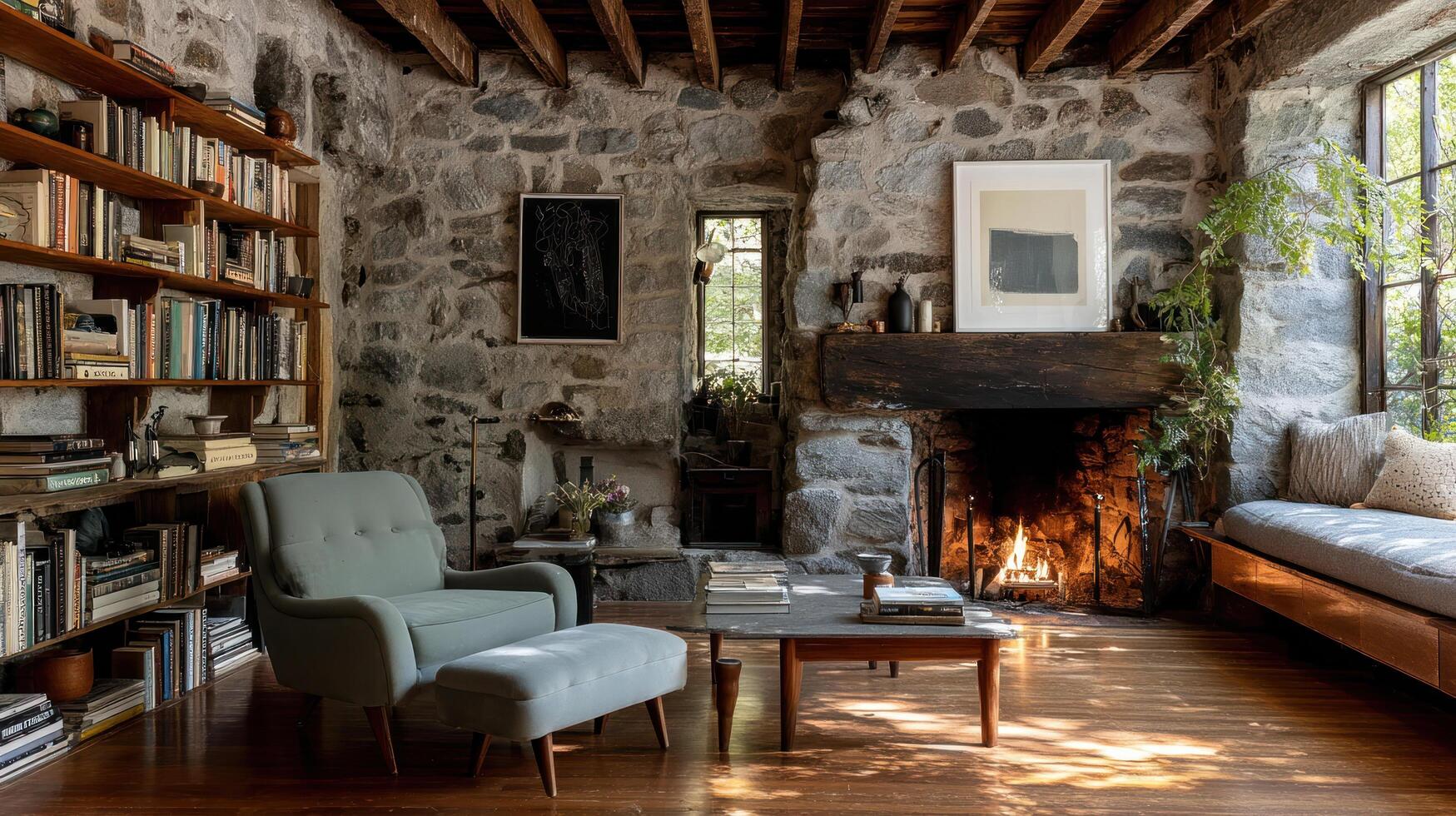 Cozy cottagecore living room with stone wall wooden ceiling warm fireplace soft armchair and natural light creating peaceful atmosphere photo