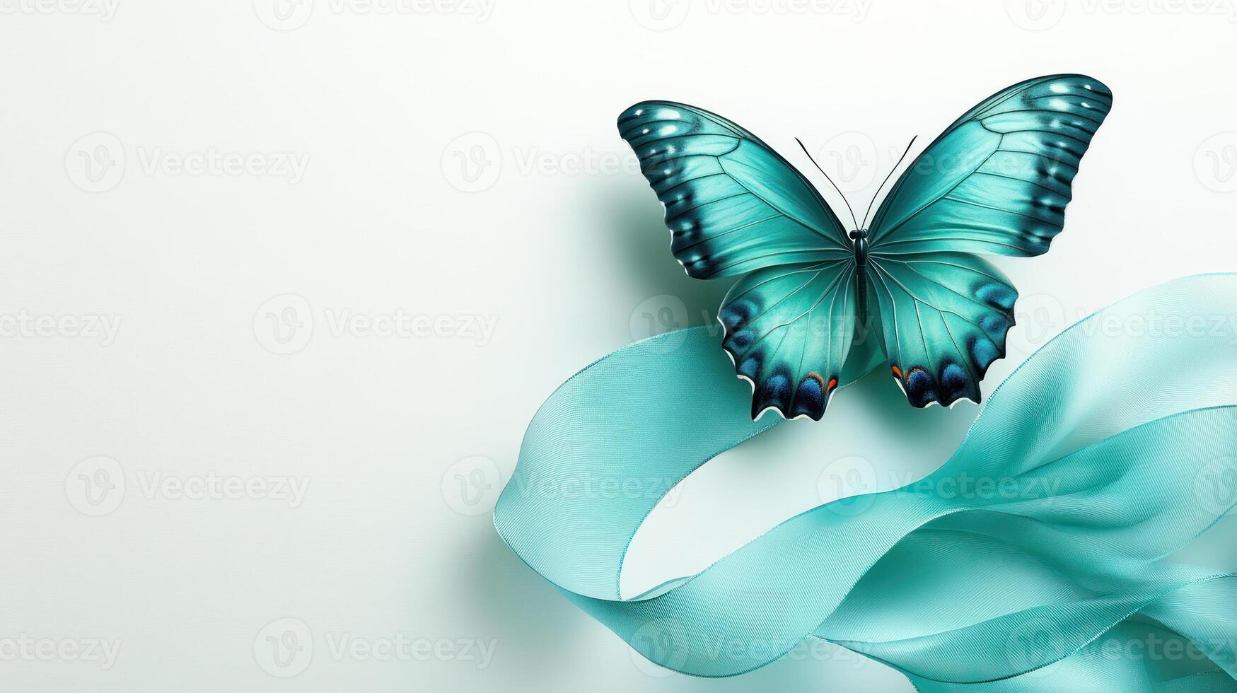 Delicate blue butterfly rests on flowing ribbon symbolizing hope and awareness for ovarian cancer on world cancer day photo