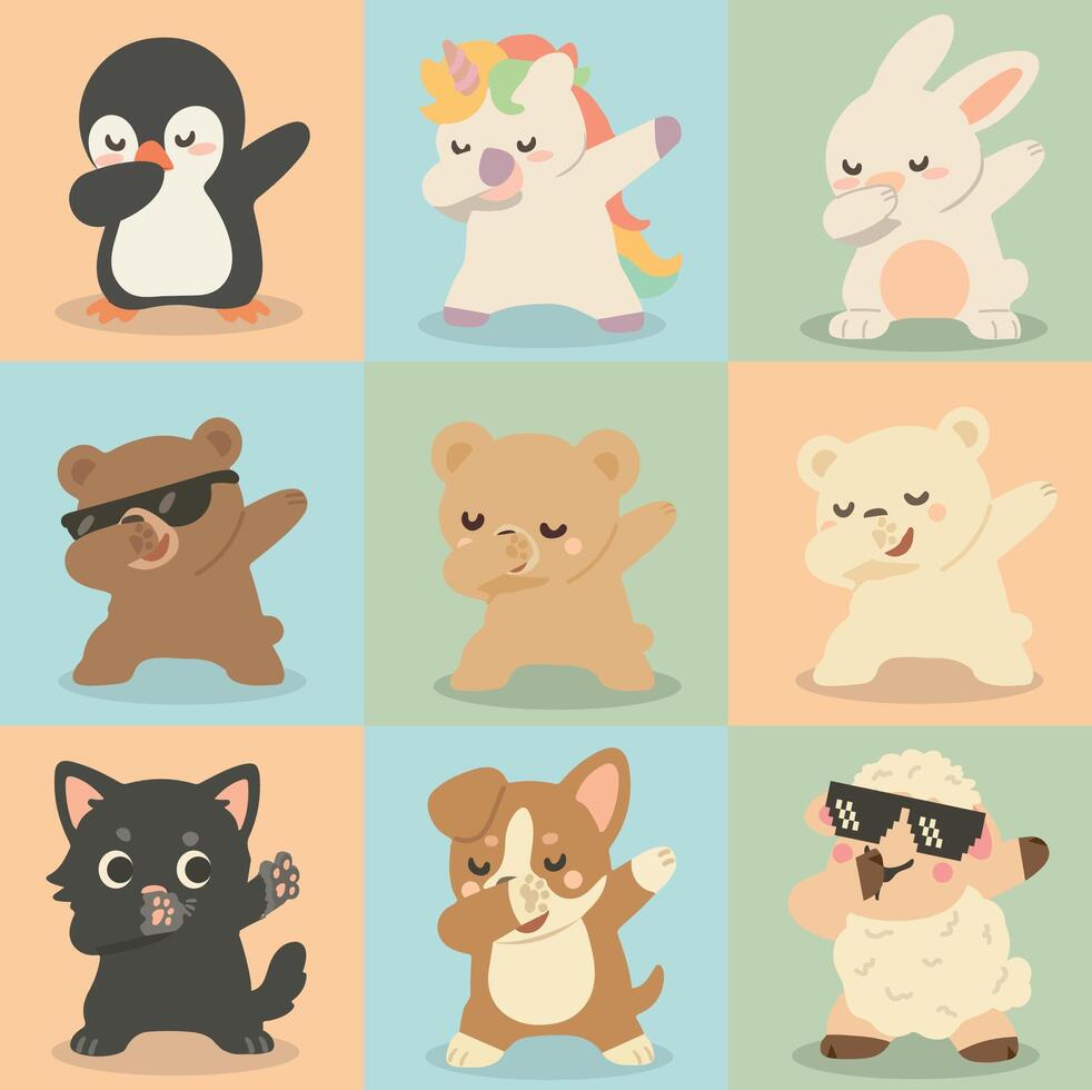 Dabbing animals dancing cartoon set vector