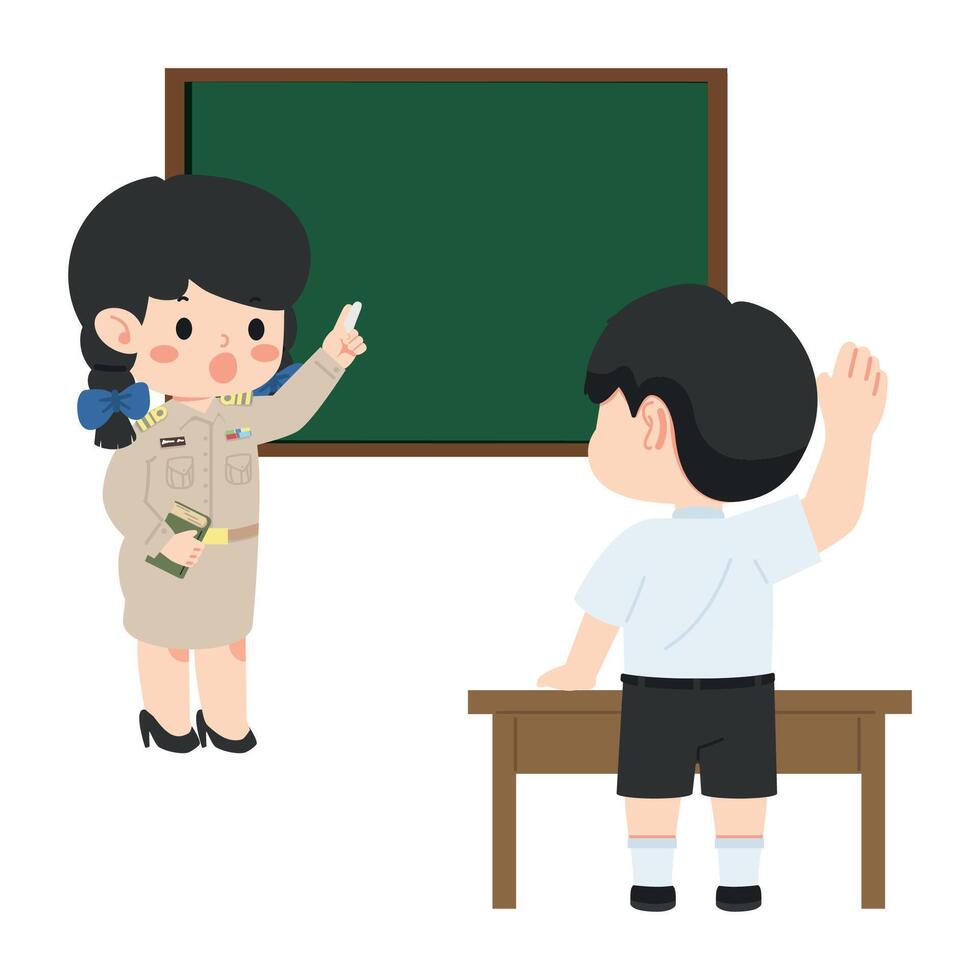 Teacher Interacting with Student in Classroom vector
