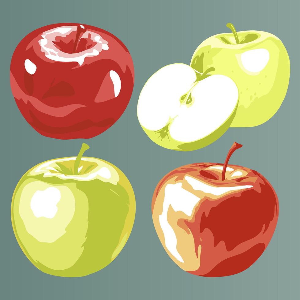 Ripe green and red apples. Set with drawn apples. illustration vector