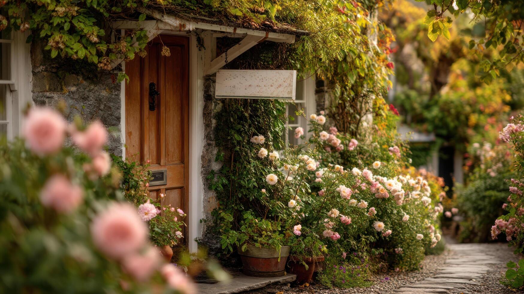 Charming cottagecore garden path lined with blooming pink rose bushes and lush green ivy climbing stone wall near wooden door photo