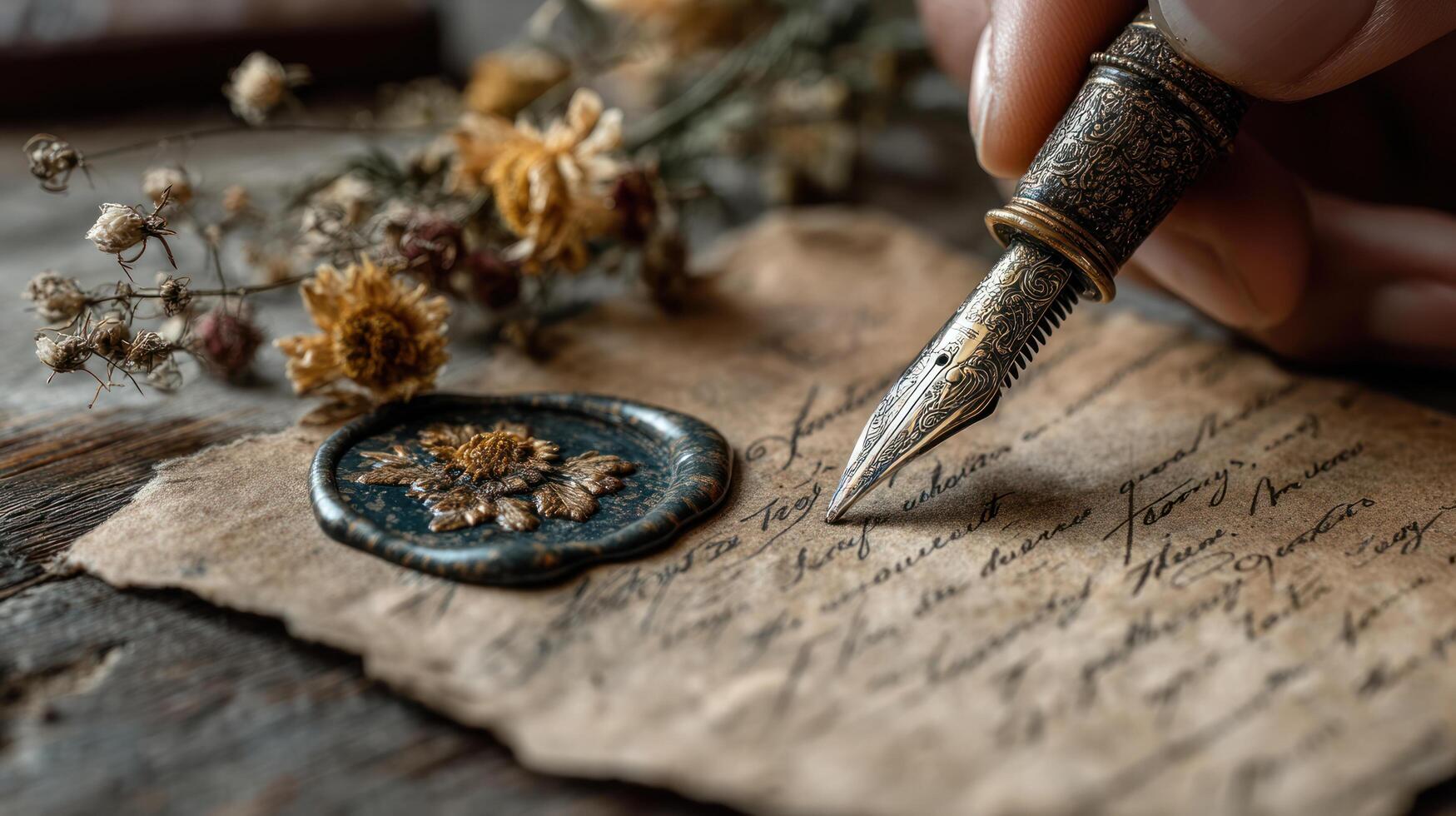 Vintage fountain pen writes on aged paper with dried flowers and wax seal nearby creating nostalgic cottagecore scene full of charm photo