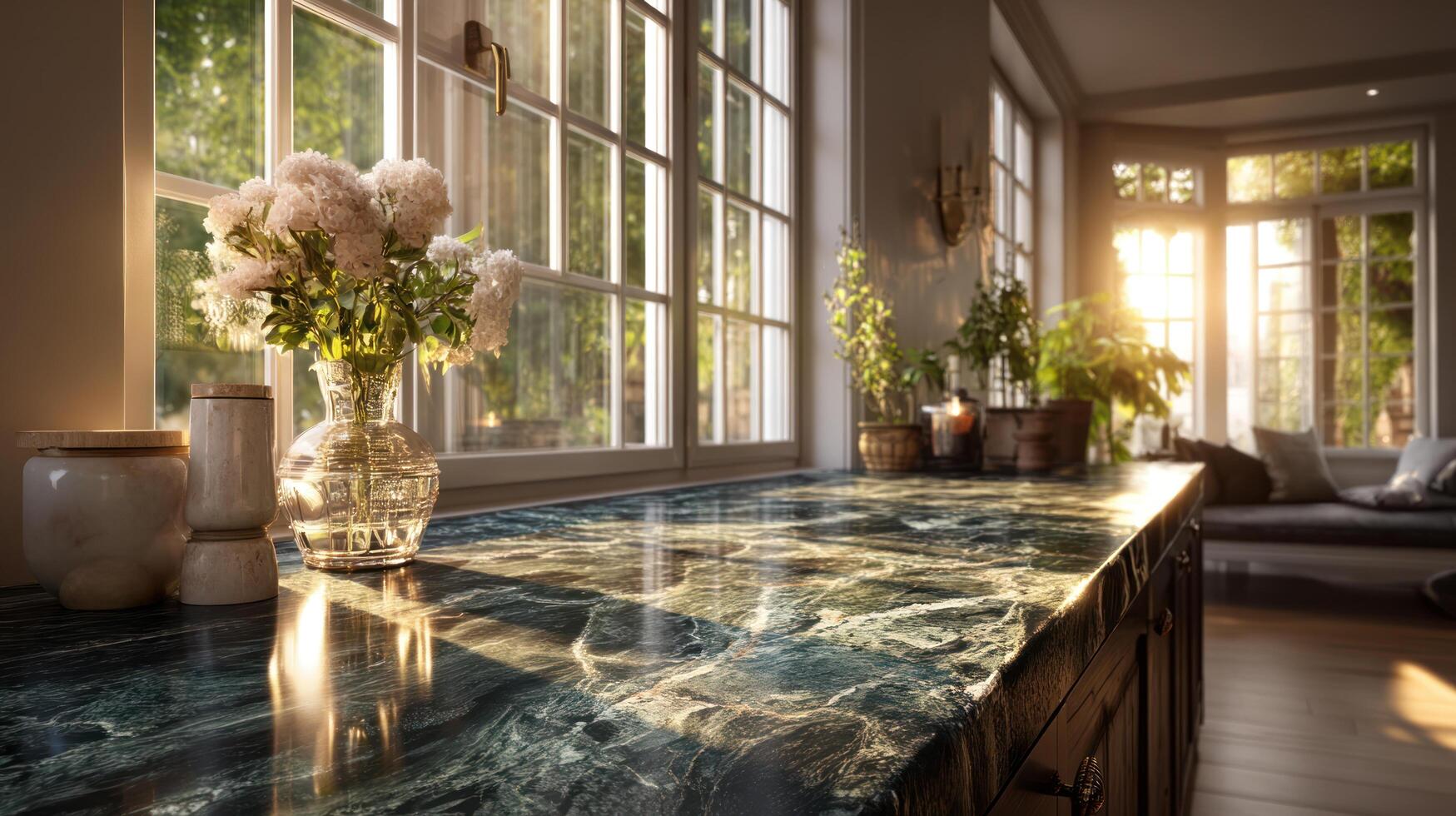 Marble countertop shines under warm sunlight near window with flowers and plants creating cozy and elegant kitchen atmosphere photo