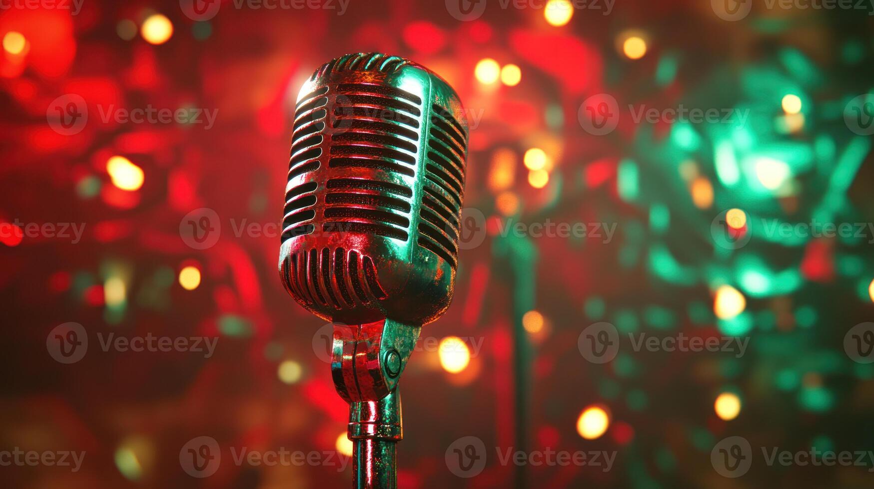 Vintage microphone with red, gold, and green spotlight highlighting creates vibrant and nostalgic atmosphere for music performance or recording photo