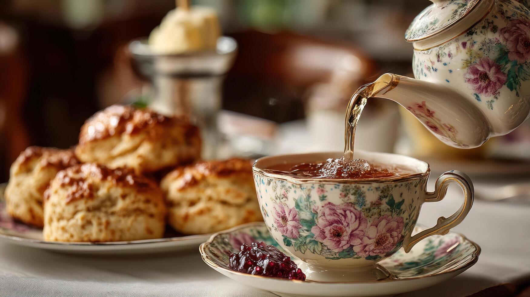 Charming cottagecore tea setting with floral porcelain cup and teapot pouring hot tea beside fresh scone and berry jam creating cozy warmth photo