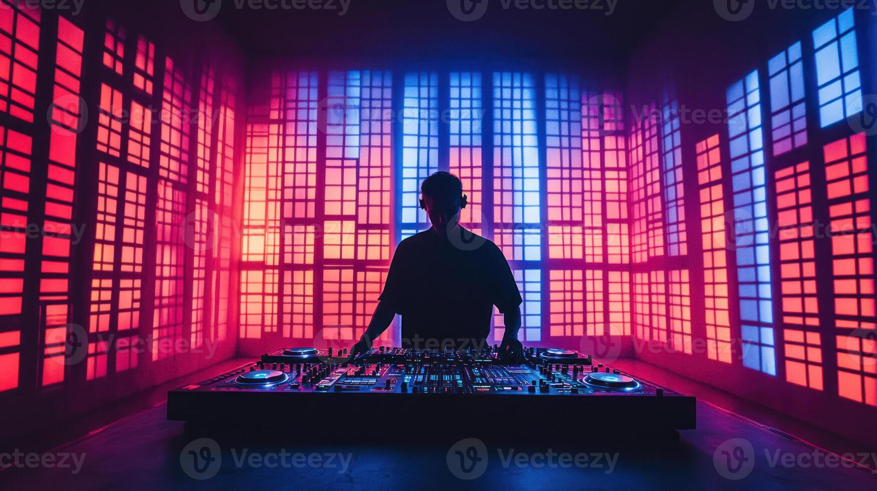 Human DJ performing music inside stylized party themed room with colorful strobe lighting reflected through glass panels creating vibrant photo