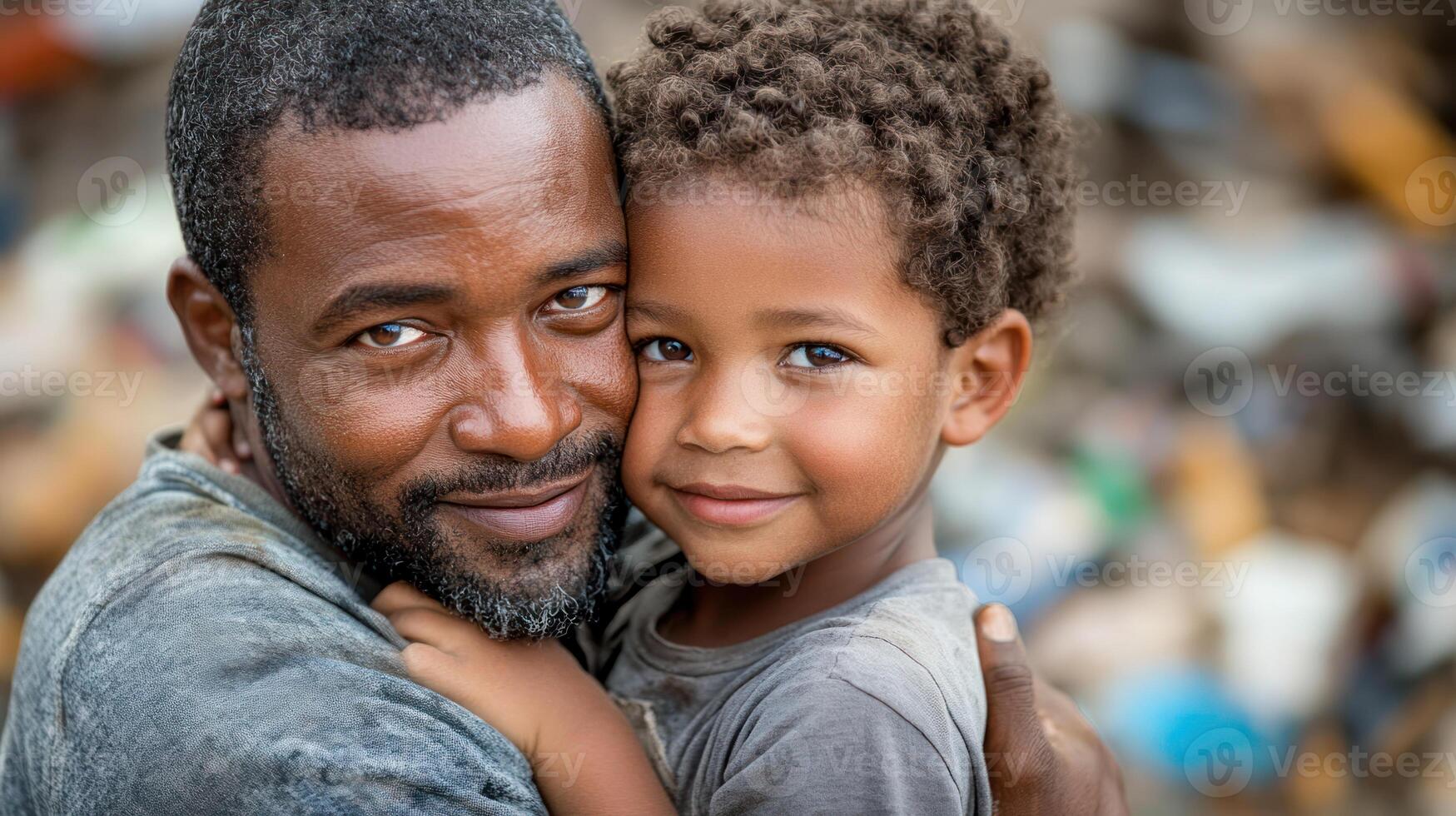Father hugging son tightly with warm smile, background shows discarded paraphernalia fading out, expressing love and protection photo