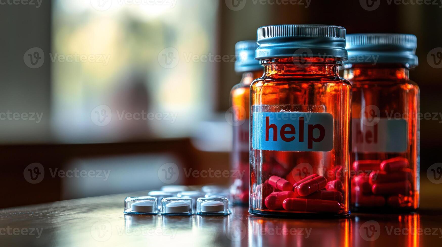 Empty prescription bottles spelling out word help with red capsules inside on wooden table, conveying sense of urgent medical need photo