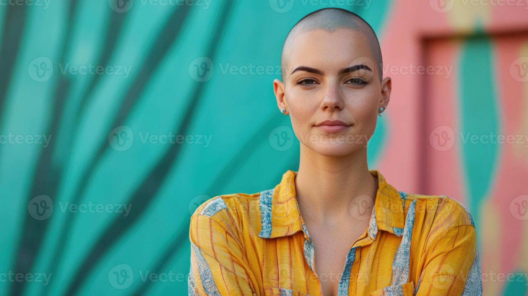 Confident woman with shaved head stands against colorful wall showing strength and hope on ovarian cancer day in world photo