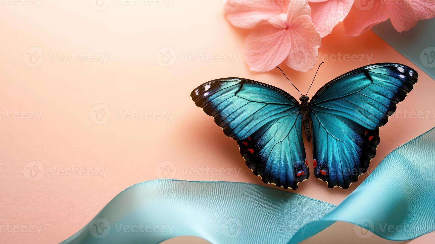 Vibrant blue butterfly rests near soft pink flowers and silky ribbon creating delicate world of beauty and hope on ovarian cancer day photo