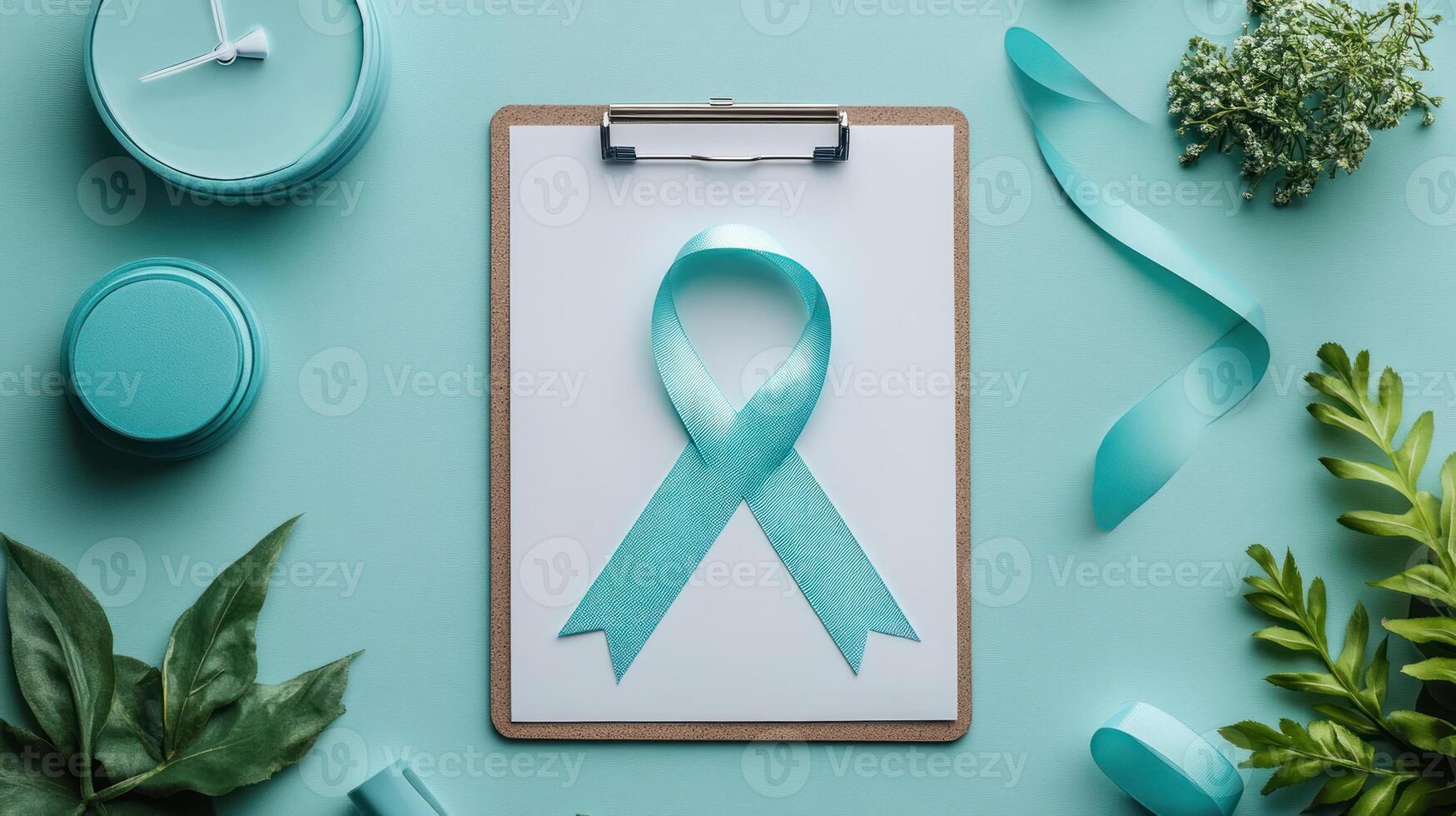 World ovarian cancer day awareness concept with teal ribbon on clipboard surrounded by clock and green leaves for support photo