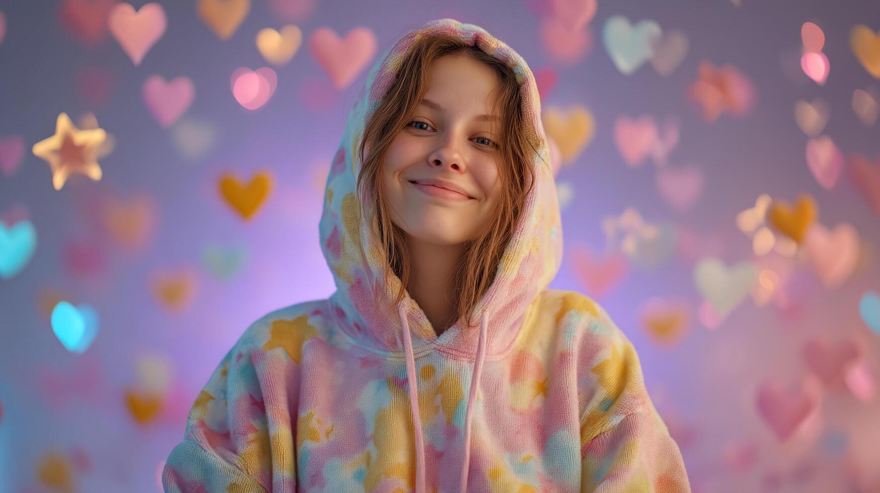 Kawaii young woman wearing colorful hoodie smiles gently with dreamy background filled with soft glowing hearts and stars creating warm mood photo