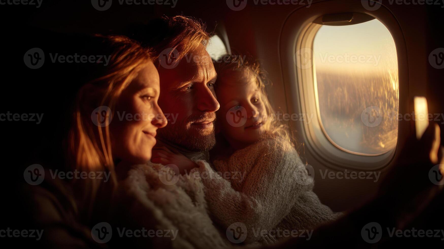 Happy family of three taking selfie together on airplane during warm sunset, capturing joyful travel moment with glowing light photo
