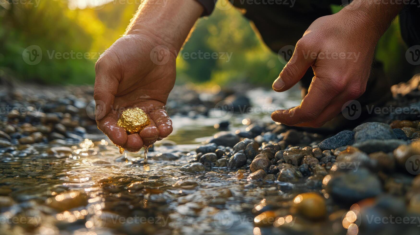 Person holding shiny gold nugget over riverbed with wet stones, capturing excitement of gold prospecting discovery outdoors photo