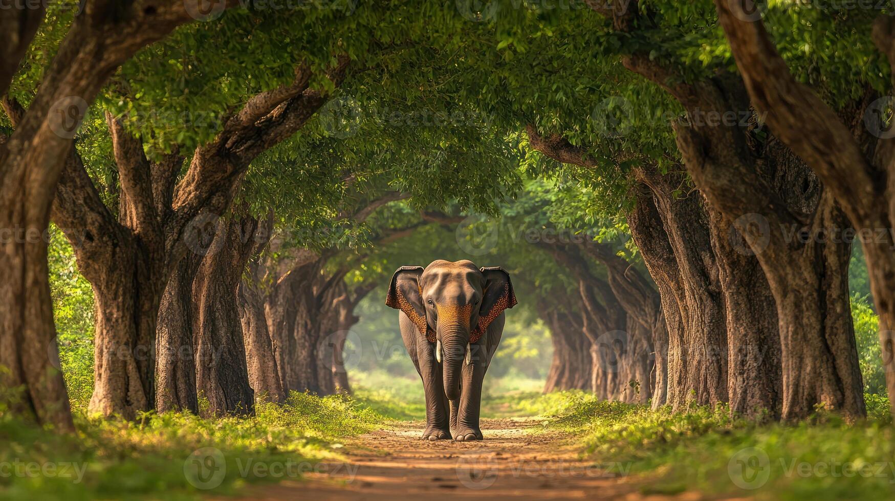 Elephant framed through natural archway of trees, creating compositionally powerful and serene scene in lush forest path photo