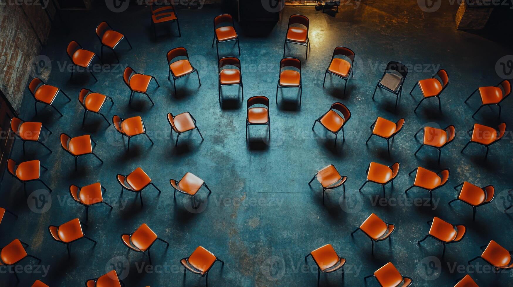 Dramatic overhead shot of multiple orange chairs arranged in synchronized circular layout on concrete floor, creating striking pattern photo