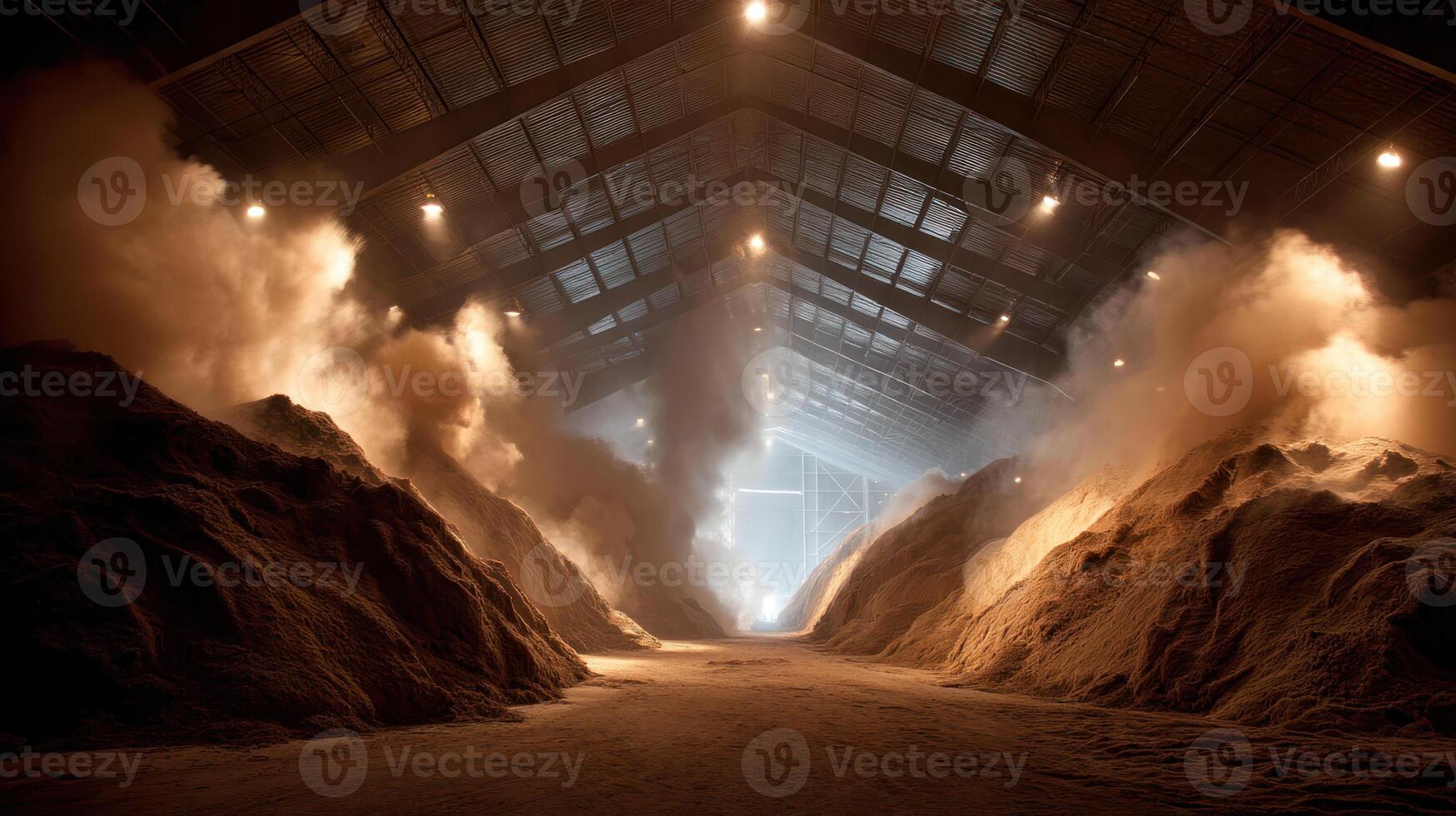 Composting facility processing organic waste with large piles emitting steam inside spacious industrial warehouse, showing responsible production photo