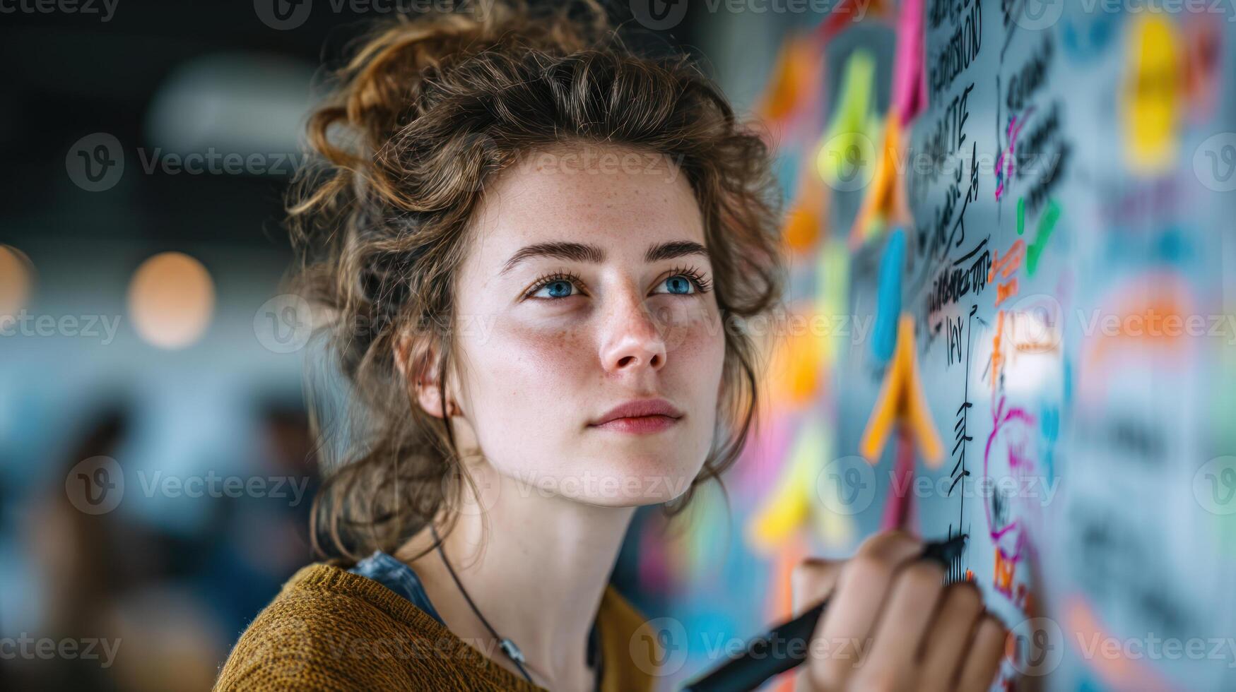 Young woman brainstorming ideas on colorful sticky note board in creative workspace, focused and inspired photo