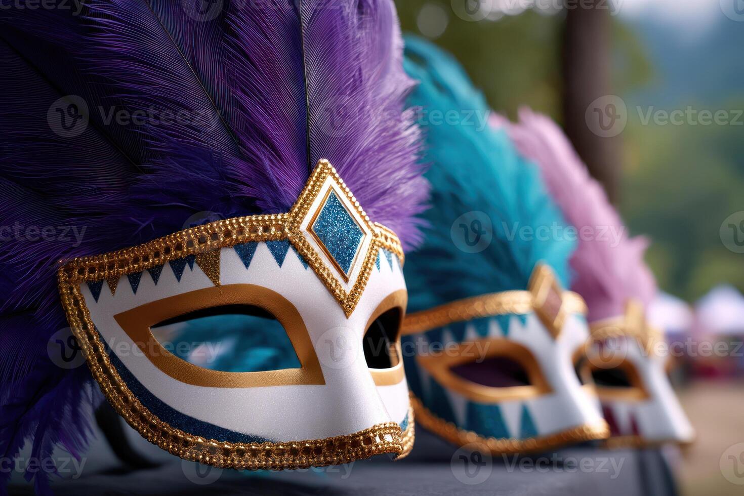 Colorful carnival masks with feathers purple, teal, and pink lined up outdoors, showcasing festive and ornate design with gold trim and glitter photo