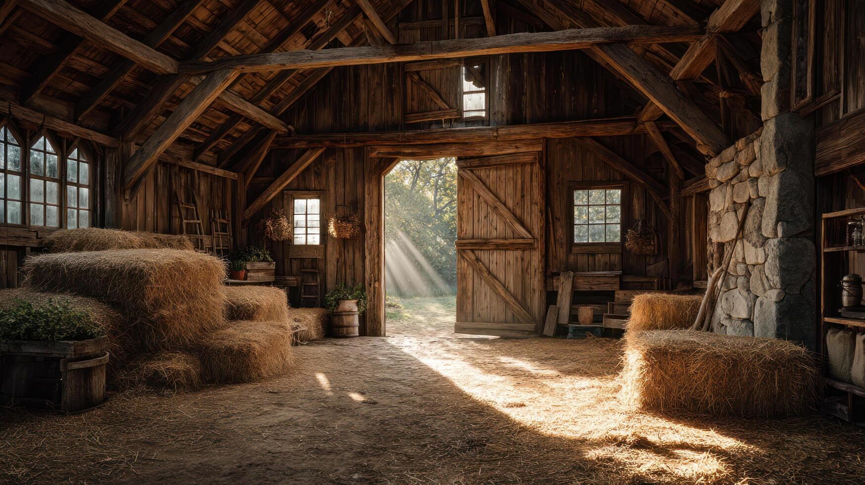 Cottagecore haystack barn sunlight wooden door rural peaceful cozy rustic interior with stone wall and window photo