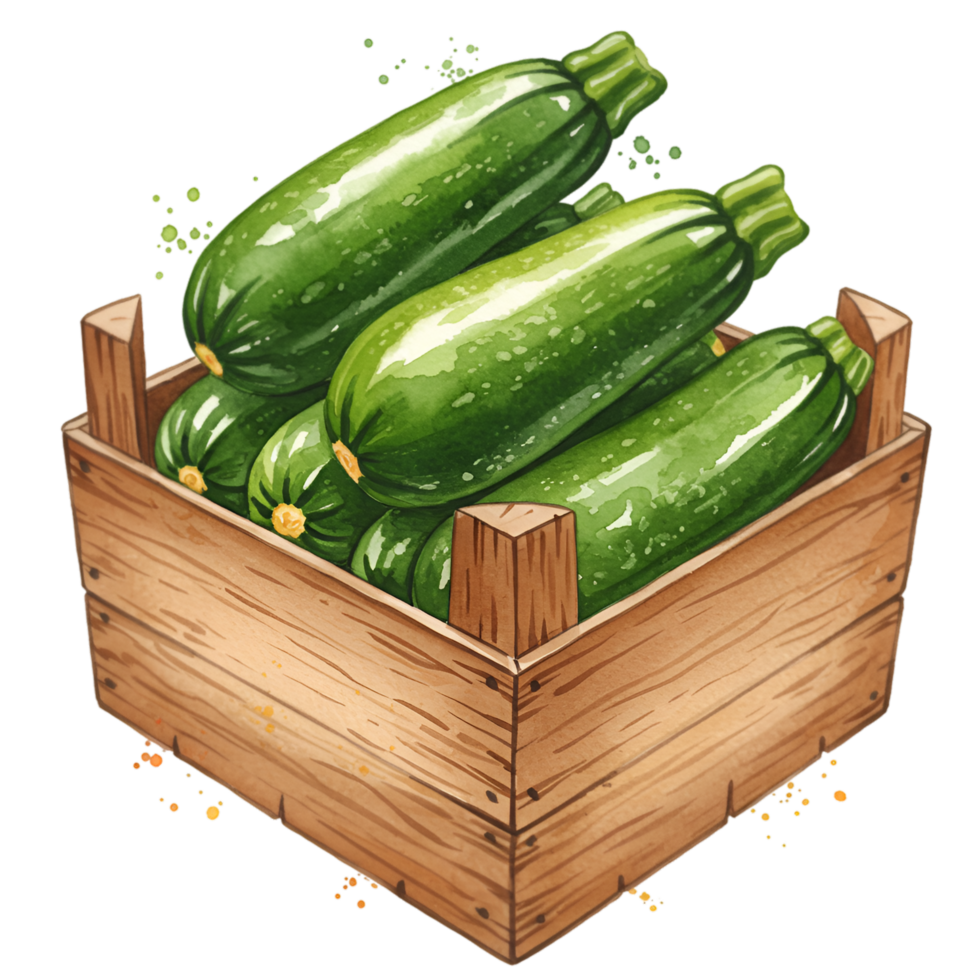 A wooden crate filled with several fresh zucchini vegetables stacked on top of one another in a pile on transparent background png