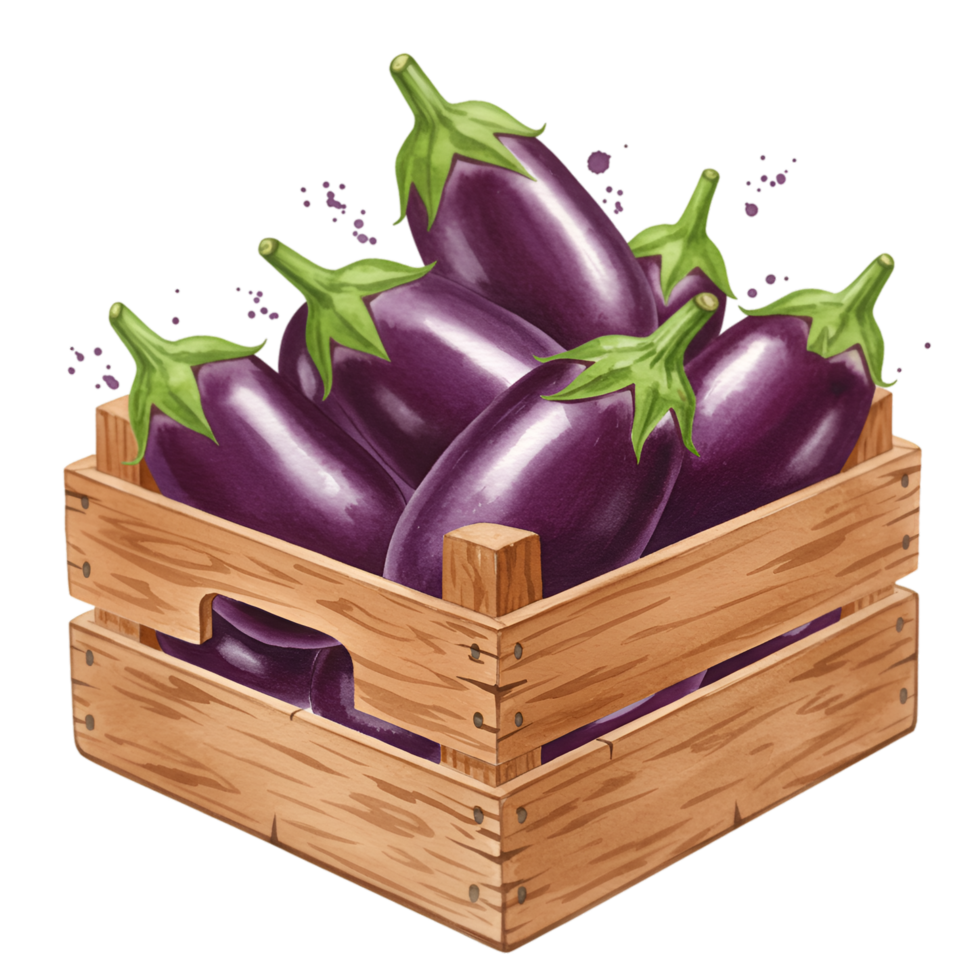 A crate filled with several eggplants displaying their vibrant purple color and green stems in a rustic setting on transparent background png