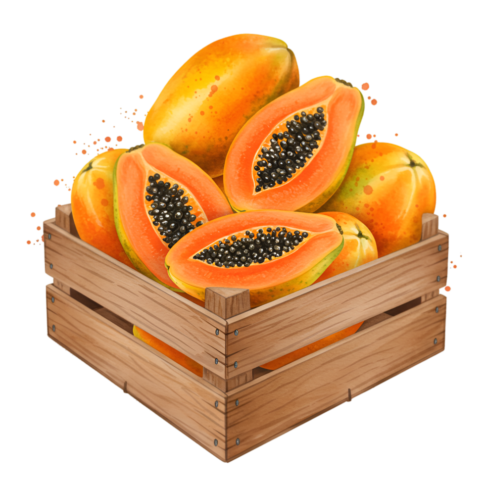 A wooden crate overflowing with whole and halved orange papayas with visible seeds inside the fruit on transparent background png
