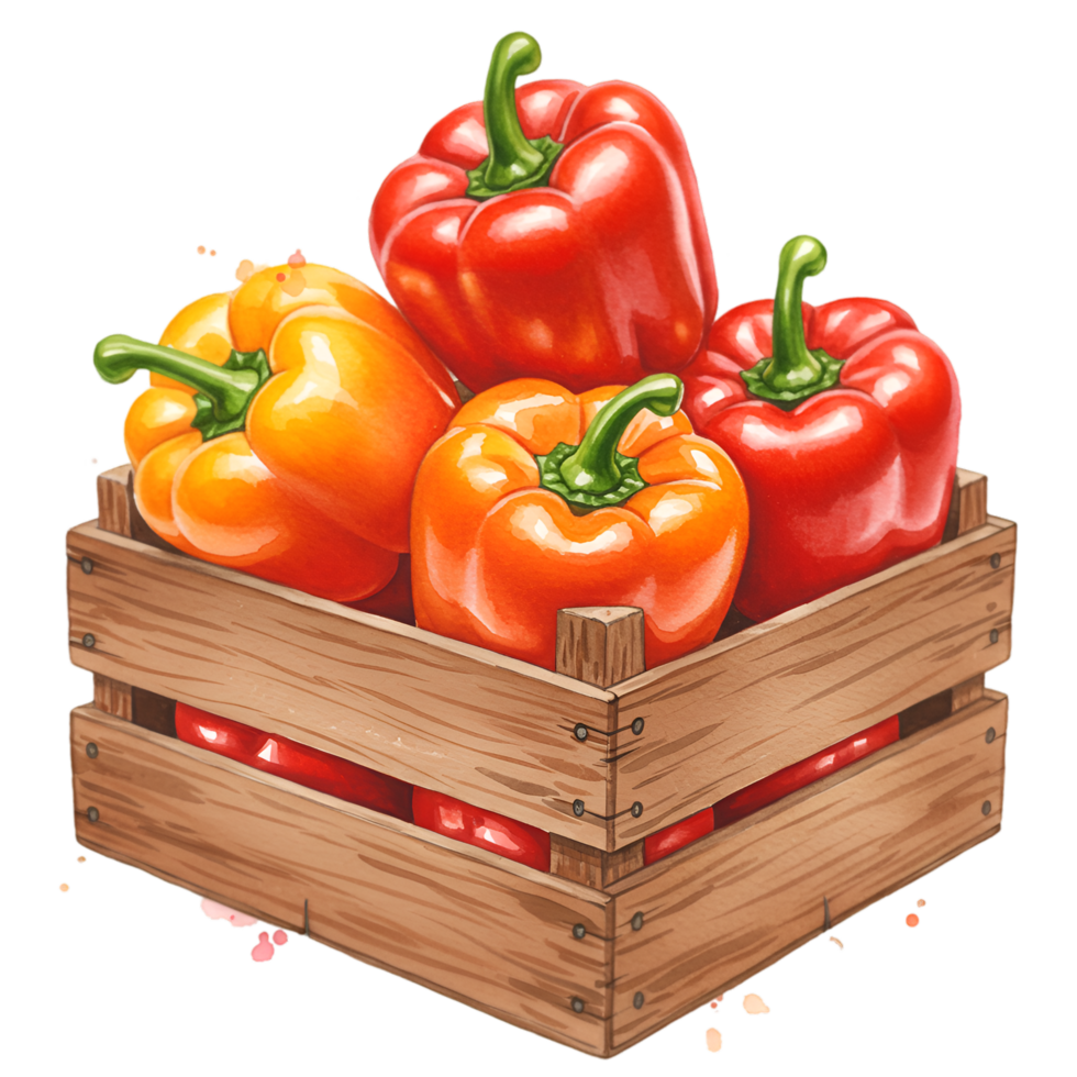 A wooden crate filled with red and orange bell peppers with green stems in a colorful arrangement on transparent background png