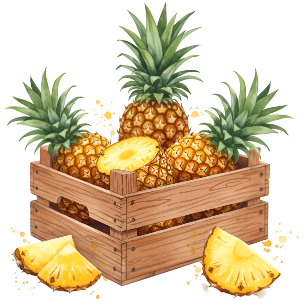 A wooden crate filled with pineapples and pineapple slices on an isolated transparent area on transparent background png