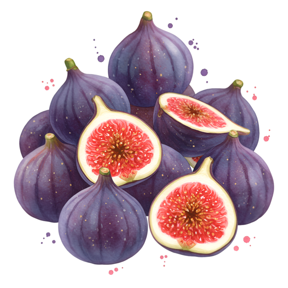 A cluster of fresh figs with some cut open revealing the pulp and seeds in a vibrant color palette on transparent background png