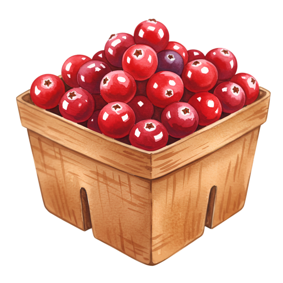 Red cranberries in a wooden basket with one purple berry among them in a watercolor style painting on transparent background png