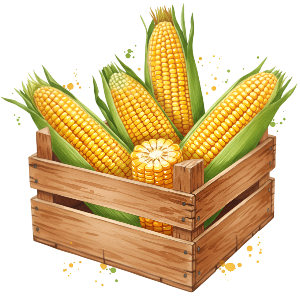 A wooden crate filled with fresh yellow corn on the cob with green husks in a transparent setting on transparent background png