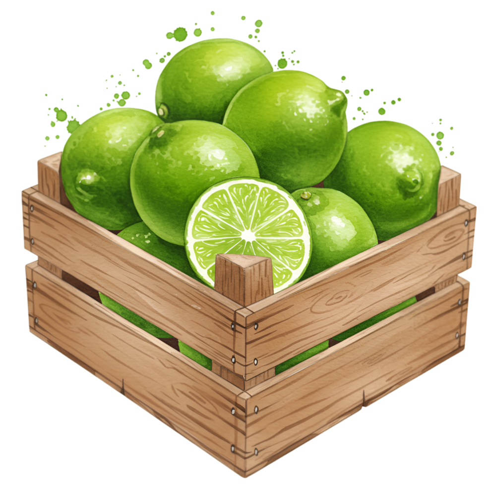 A wooden crate filled with several whole limes and a halved lime showing the inside of the fruit on transparent background png