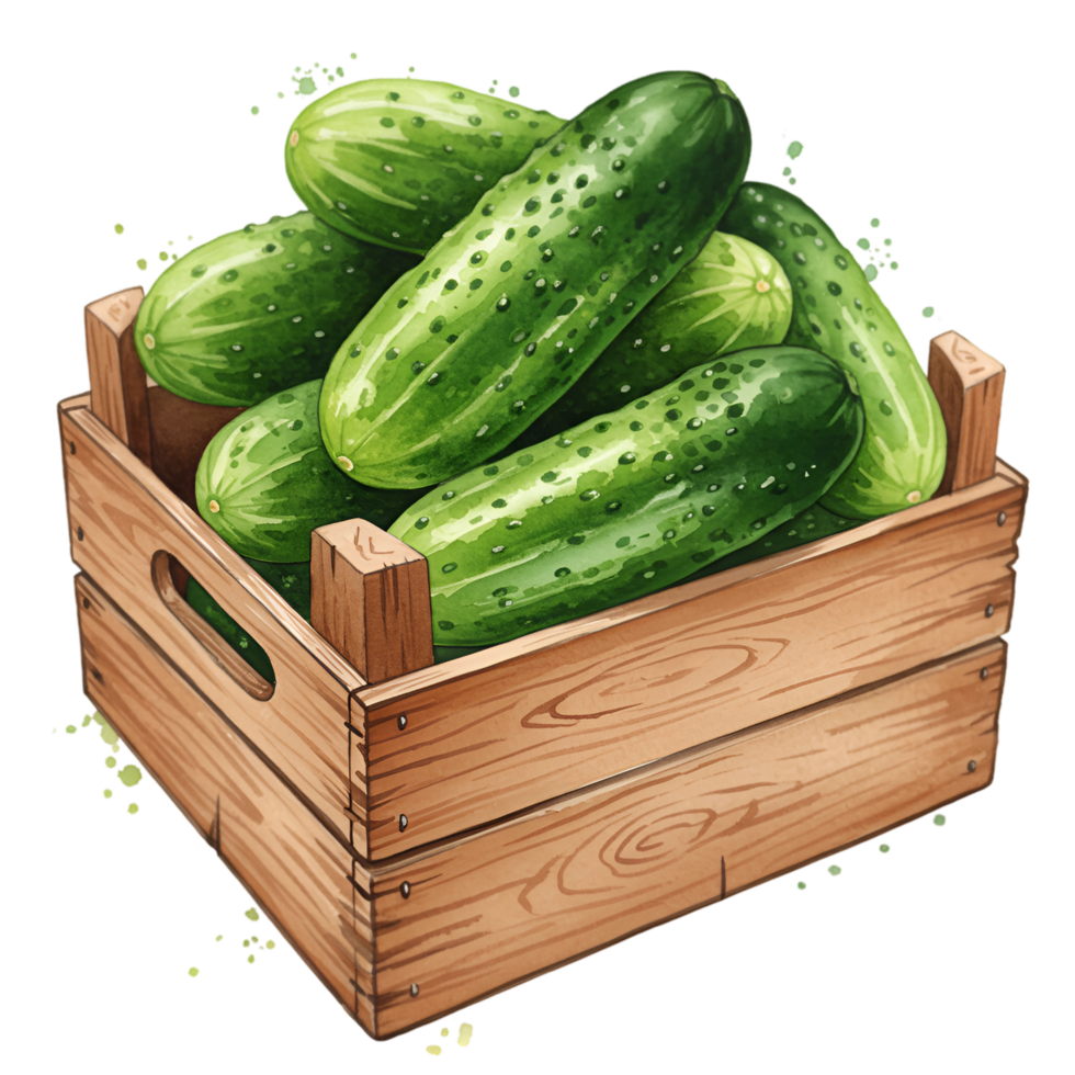 A wooden crate filled with several fresh green cucumbers stacked on top of each other in a pile inside on transparent background png