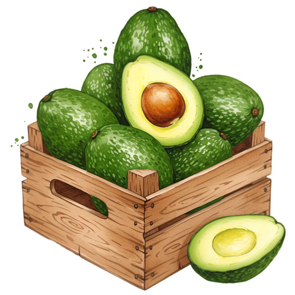 A wooden crate filled with several avocados and one avocado cut in half in front of the crate on transparent background png