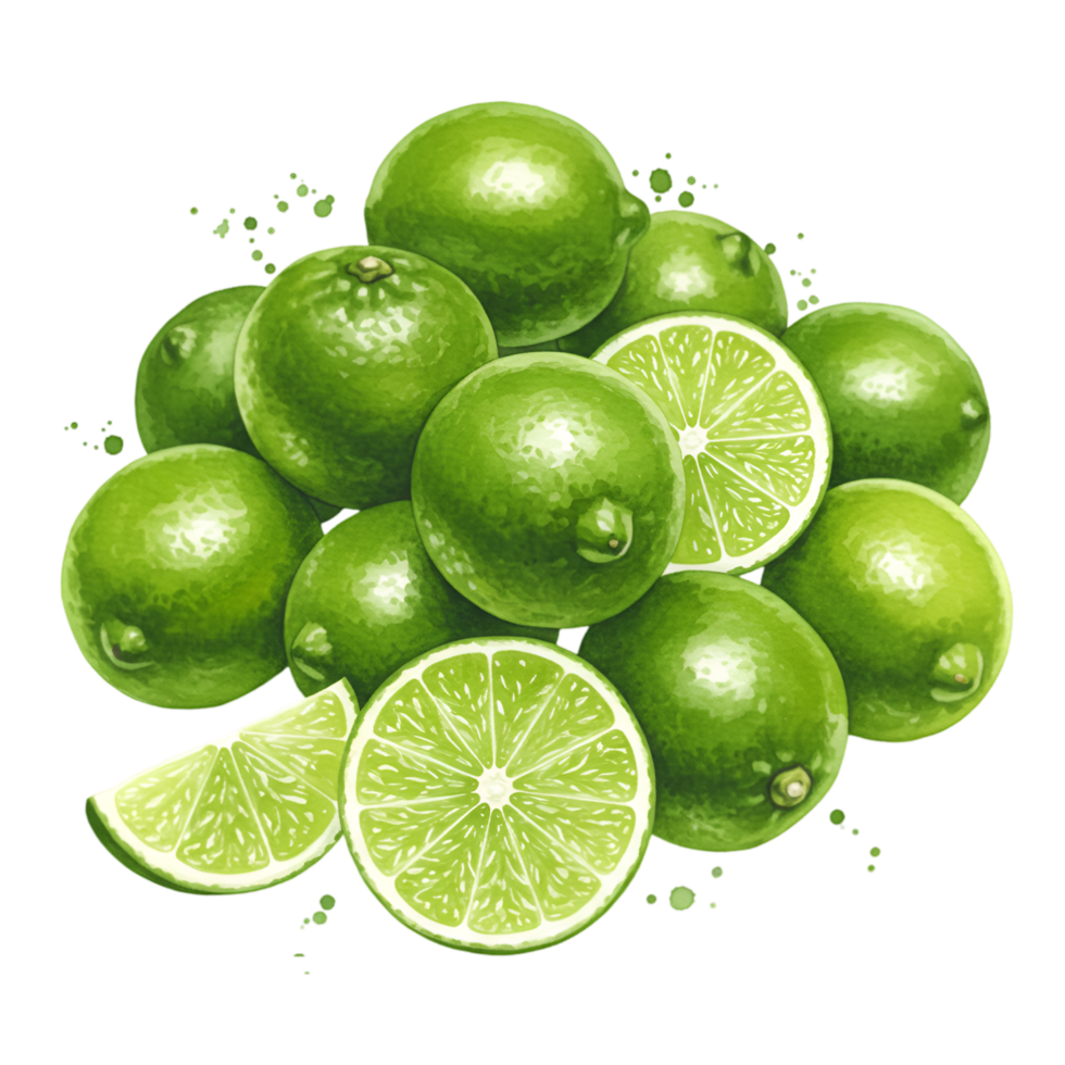 A vibrant arrangement of fresh limes with sliced segments displayed on a plain surface view from above on transparent background png