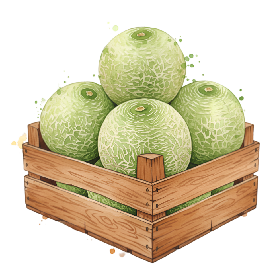 A wooden crate filled to the brim with several light green melons stacked neatly inside of the box on transparent background png