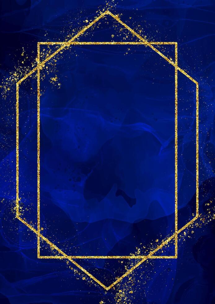 Decorative background with a gold glittery frame on dark blue alcohol ink design vector