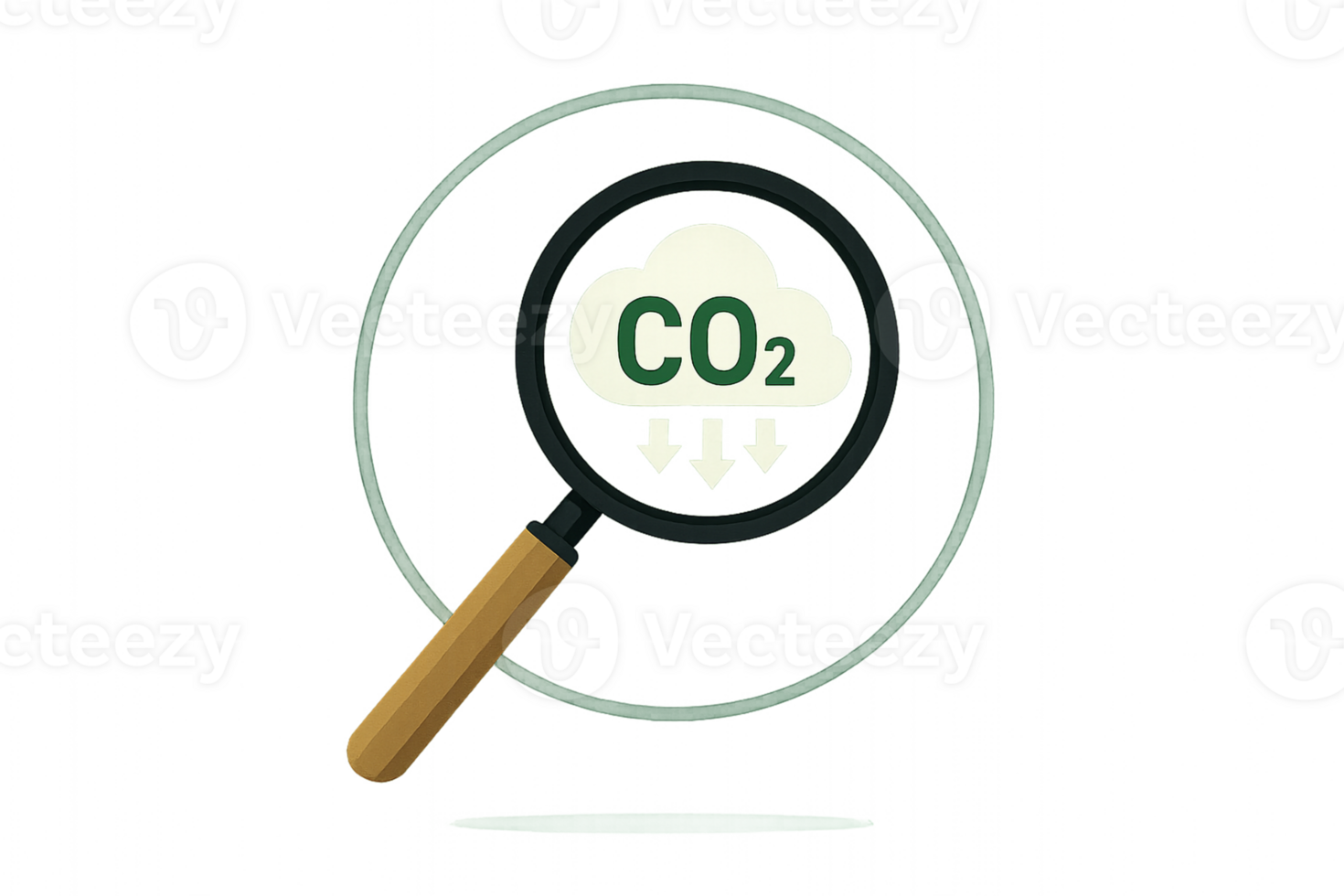 Carbon Emission Analysis, Magnifying Glass on CO2 Cloud with Reduction Arrows, Transparent Background png