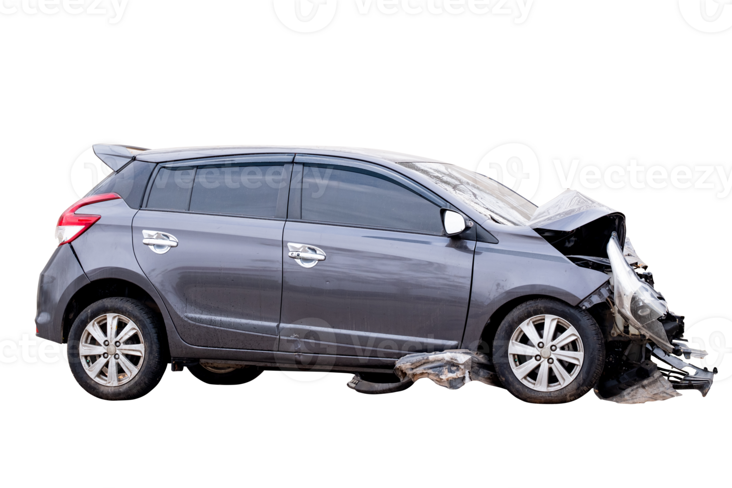Car crash, Side view of black sedan car get damaged by accident on the road. damaged cars after collision. isolated on transparent background. File png