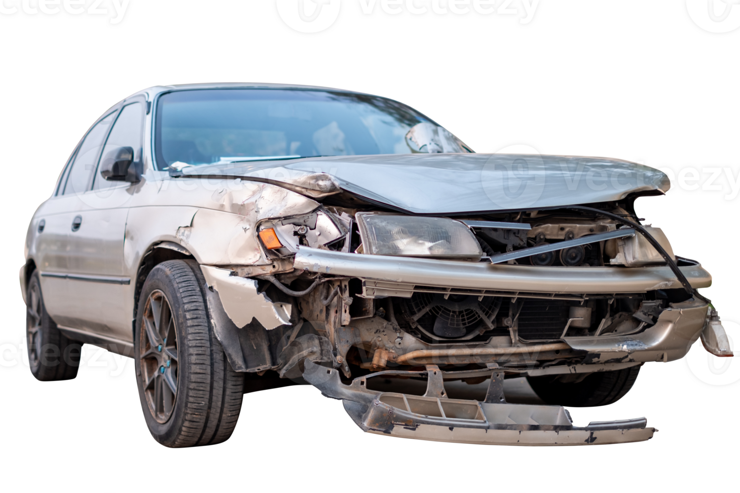 Car crash, Front and Side view of old sedan car get damaged by accident on the road. damaged cars after collision. isolated on transparent background. File png