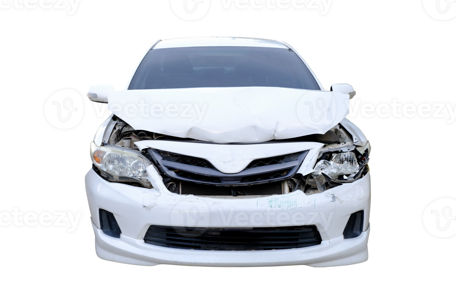 Car crash, Front view of white sedan car get damaged by accident on the road. damaged cars after collision. isolated on transparent background, File png