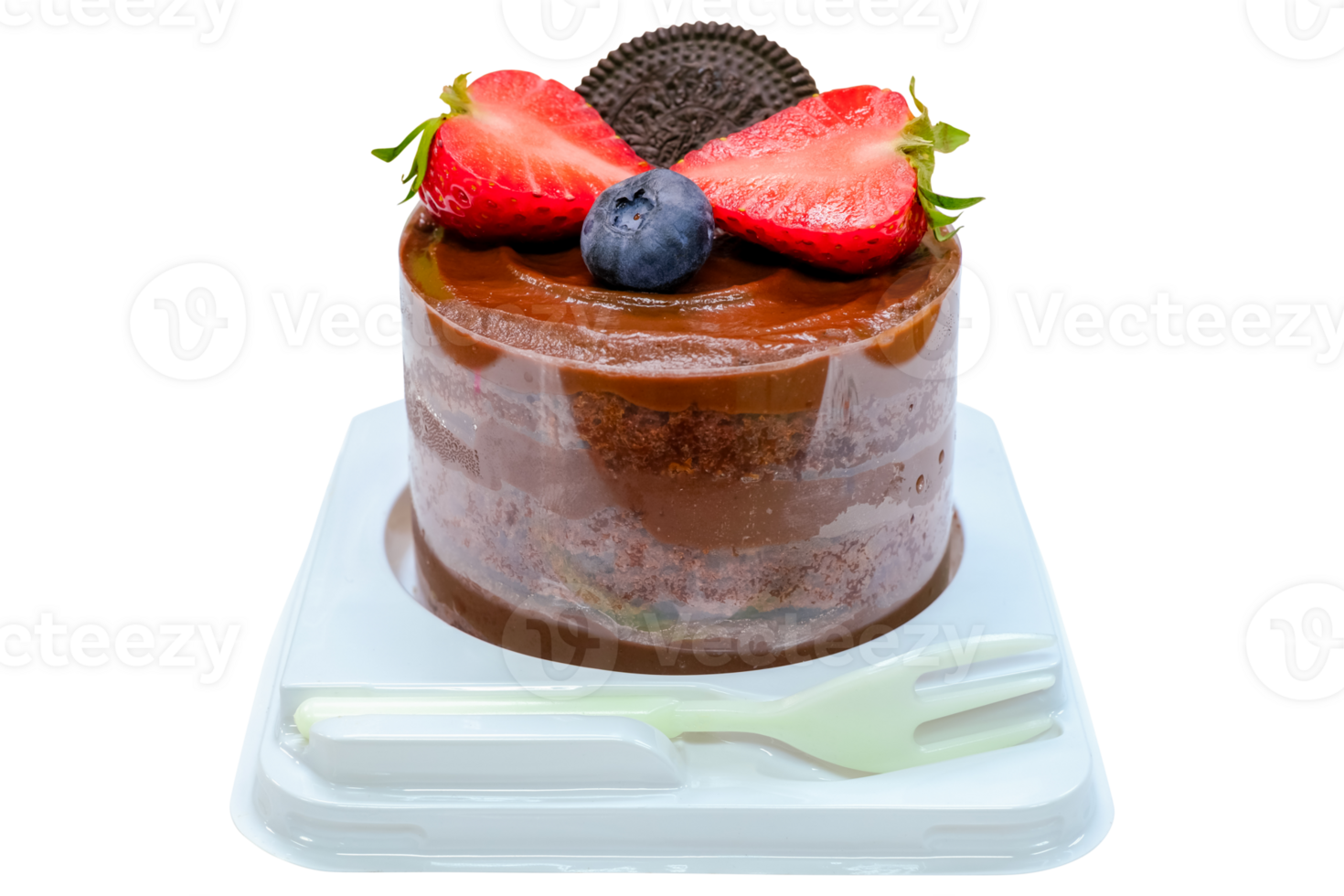 Delicious sweet chocolate cake topped with fresh strawberries, a blueberry, and a cookie, served in a plastic container with a plastic fork. isolated on transparent background, png