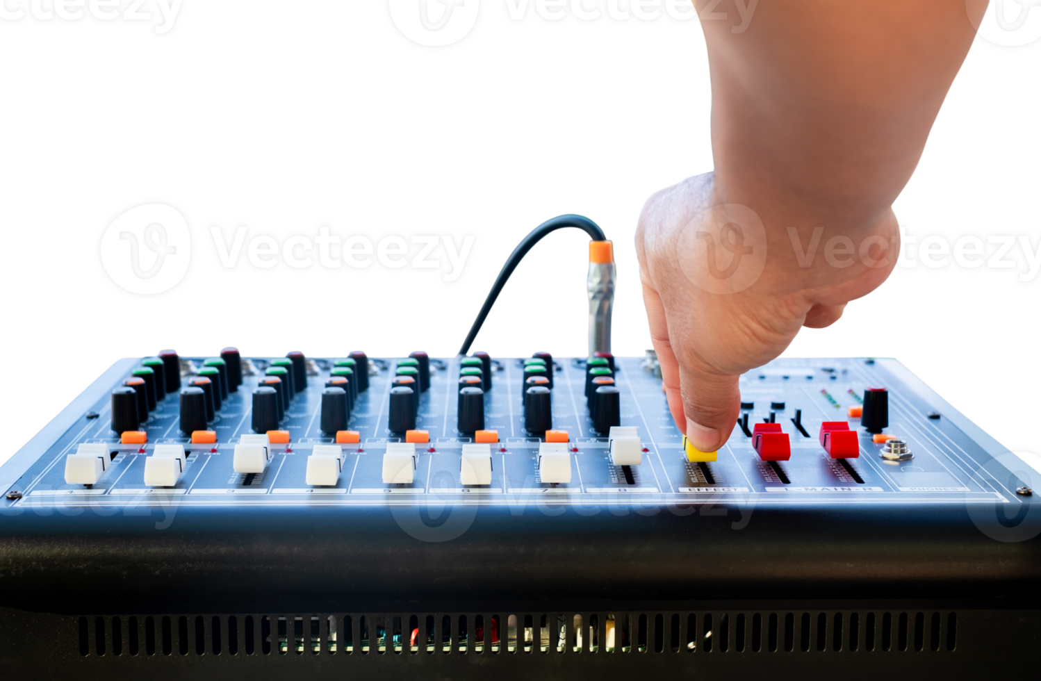 Hand adjusting audio mixer controls, perfect for music production, live sound, broadcasting, and studio recording themes. Professional sound engineering in action, isolated on transparent background png