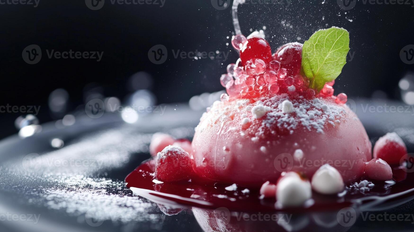 Pink mousse dessert with red berries and powdered sugar on a black plate. Garnished with leaf and syrup. High contrast lighting with splashes of sugar in motion photo