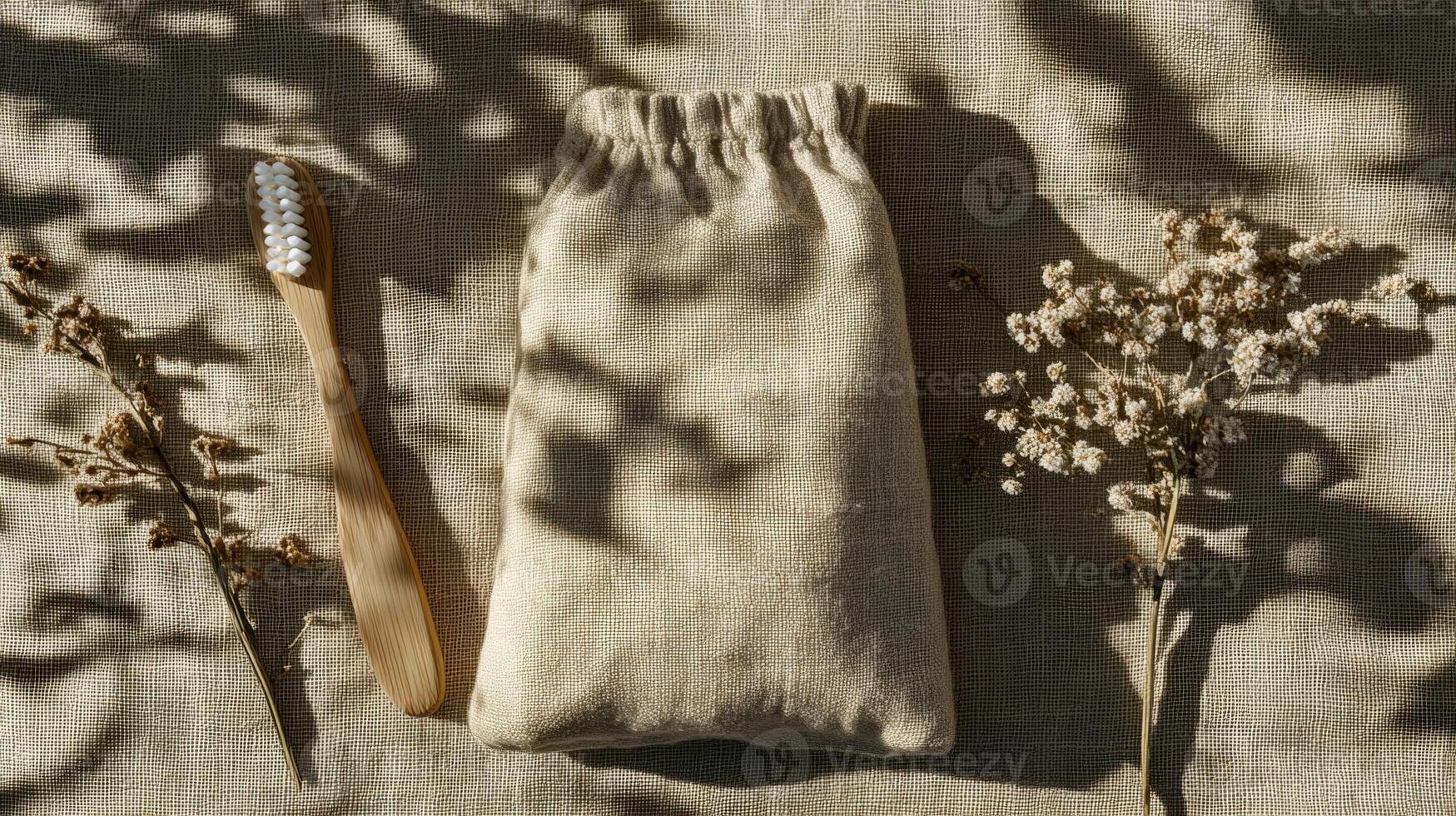 Top view of a bamboo toothbrush and a small linen bag with leaf shadows and dried flowers on beige fabric. Eco-conscious lifestyle photo