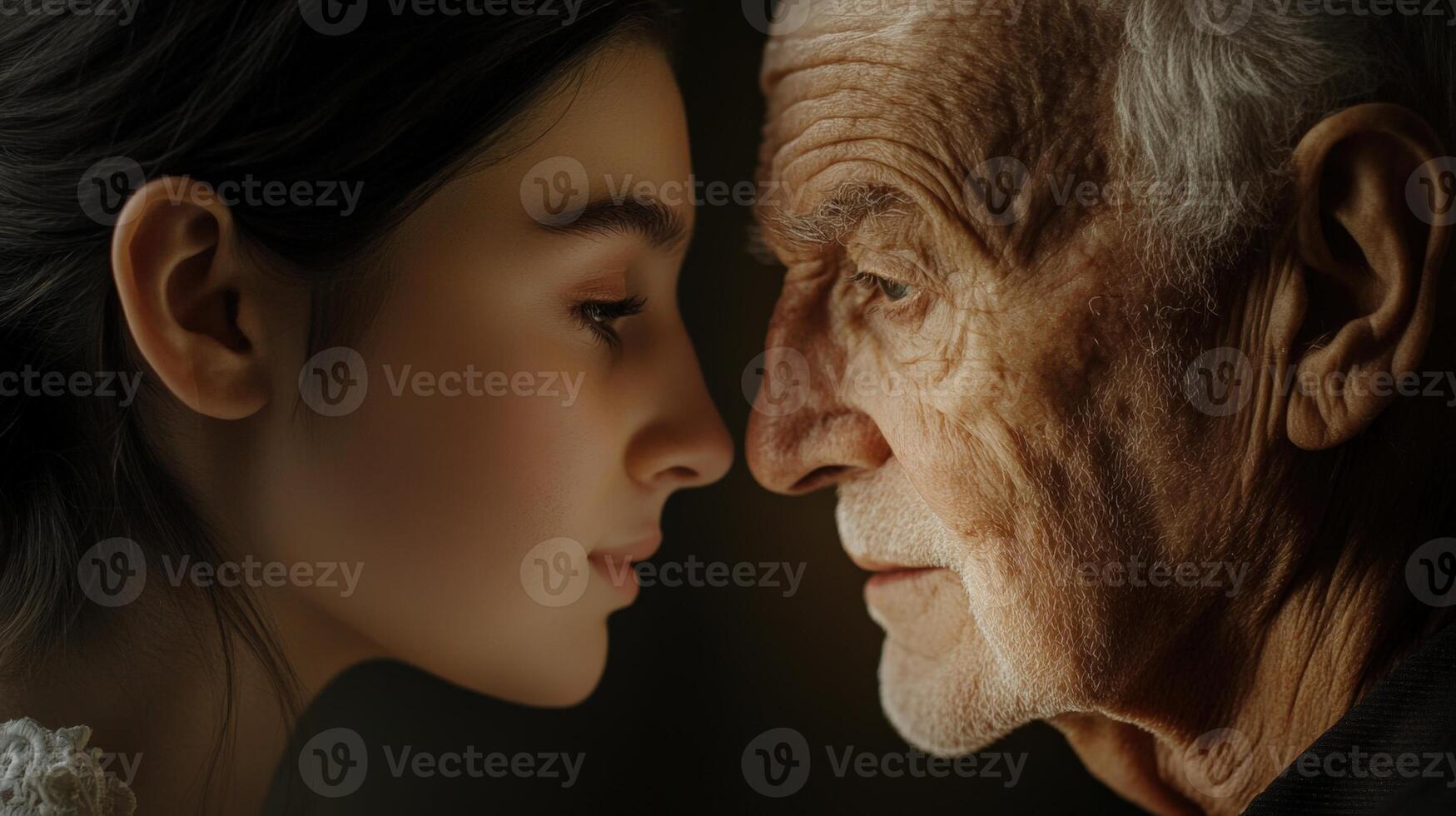 Tender close up portrait young girl and elderly man, faces close. Conveys familial love, intergenerational understanding, precious bond, soft warm light photo