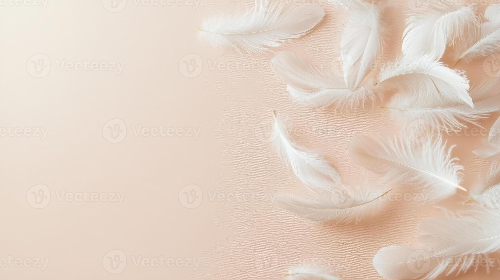 Soft white feathers scattered on a smooth, pale peach background with ample copy space on the left. Delicate and airy top-down composition photo
